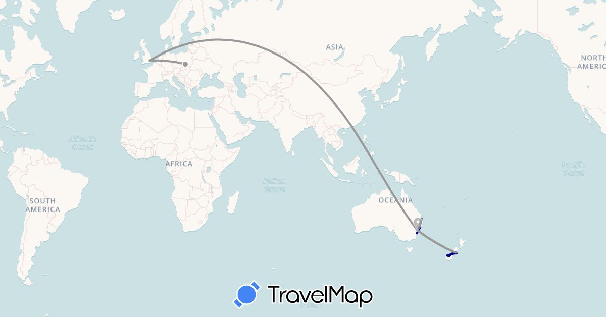 TravelMap itinerary: driving, bus, plane in Australia, United Kingdom, Hong Kong, New Zealand, Poland (Asia, Europe, Oceania)